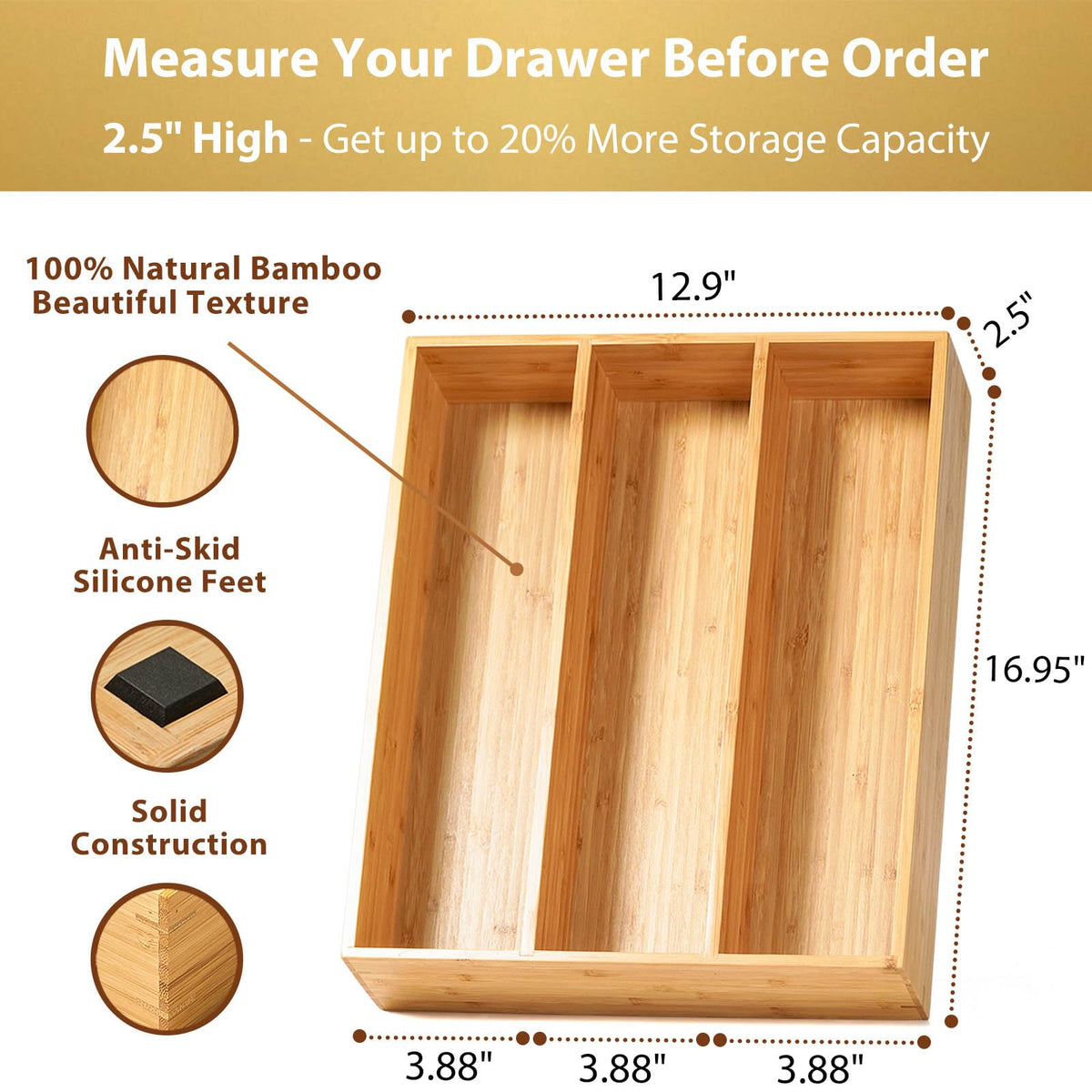 Umilife bamboo organizer side profile highlights deep 2.5-inch compartments.