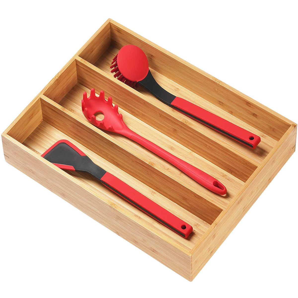 Umilife bamboo utensils organizer top view shows spacious compartments for easy sorting.