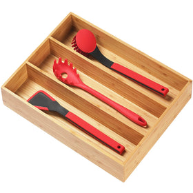 Umilife bamboo utensils organizer top view shows spacious compartments for easy sorting.