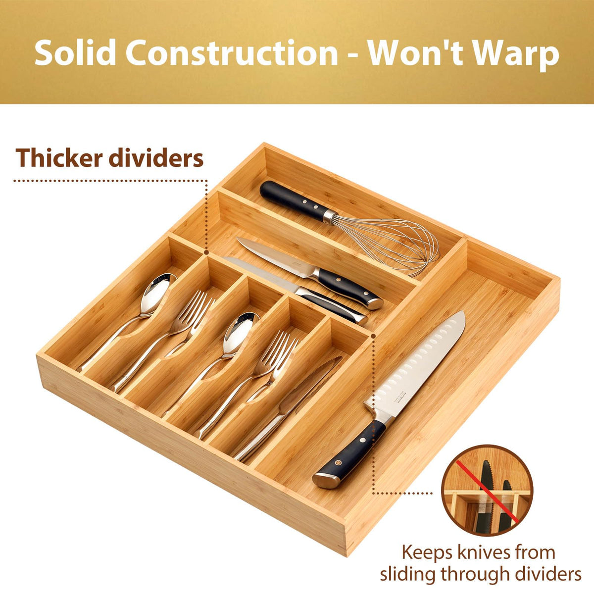 Umilife drawer organizer thick frames prevent knife wedging and keep dividers aligned.