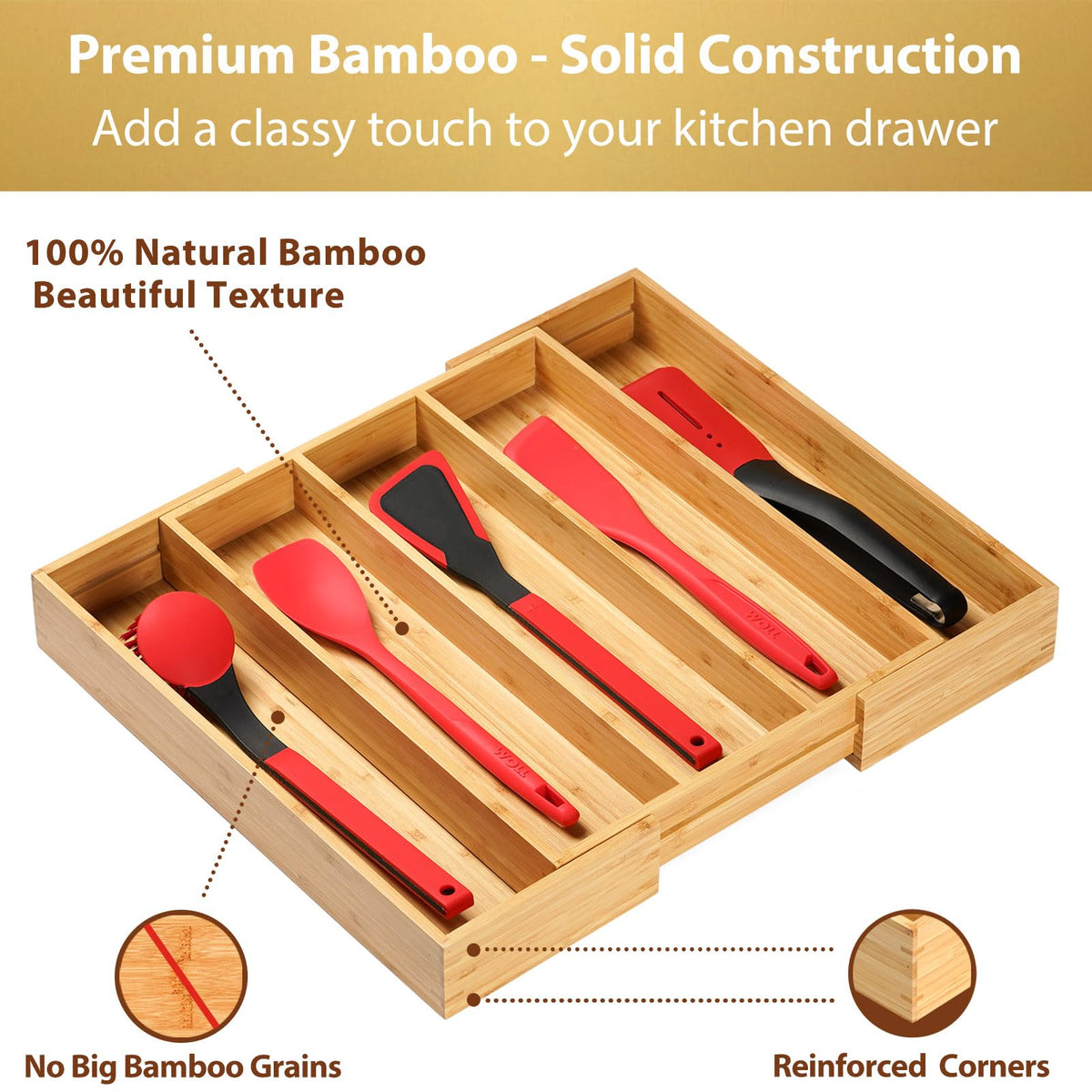 Umilife expandable drawer organizer; wide width for flexible fit in larger drawers.