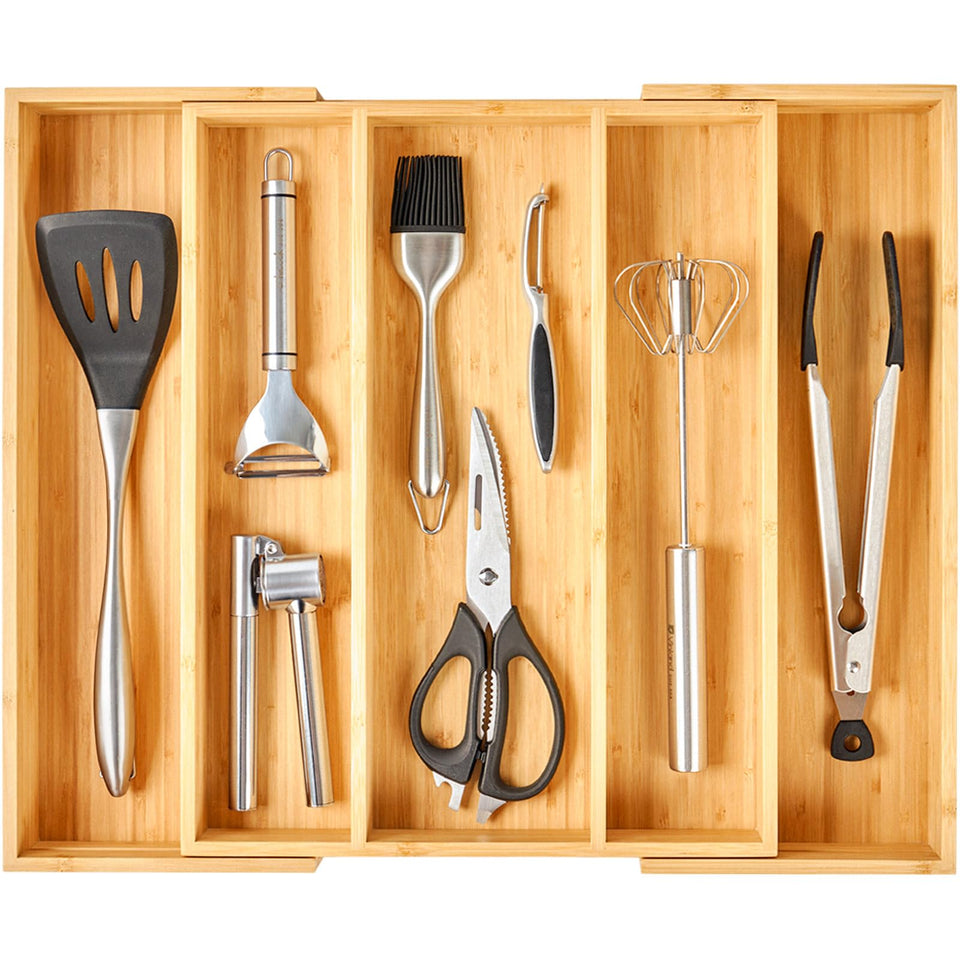 Umilife expandable drawer organizer bamboo base; durable storage and natural texture.