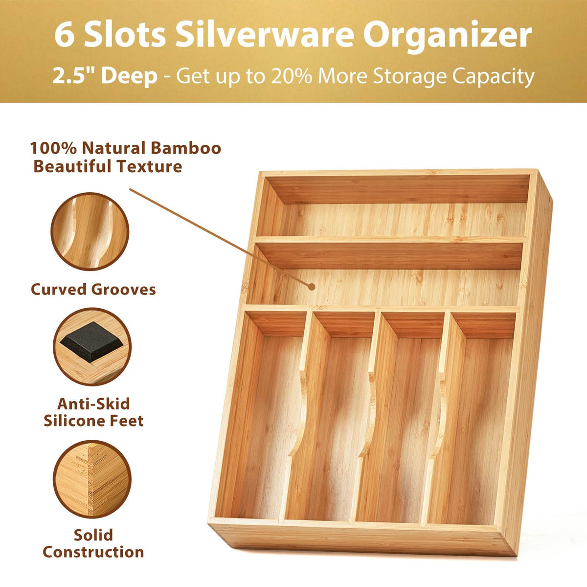 Umilife extra deep drawer organizer offers roomy storage for bulky utensils.