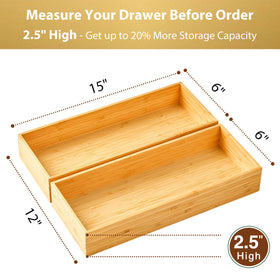 Umilife extra-high drawer organizer showing its 15-inch length for large utensils.