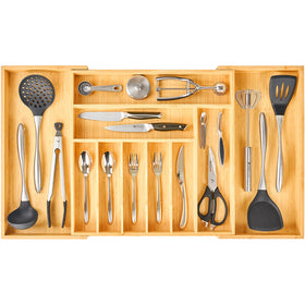 Umilife extra-large expandable drawer organizer in extended view keeps utensils neatly arranged.