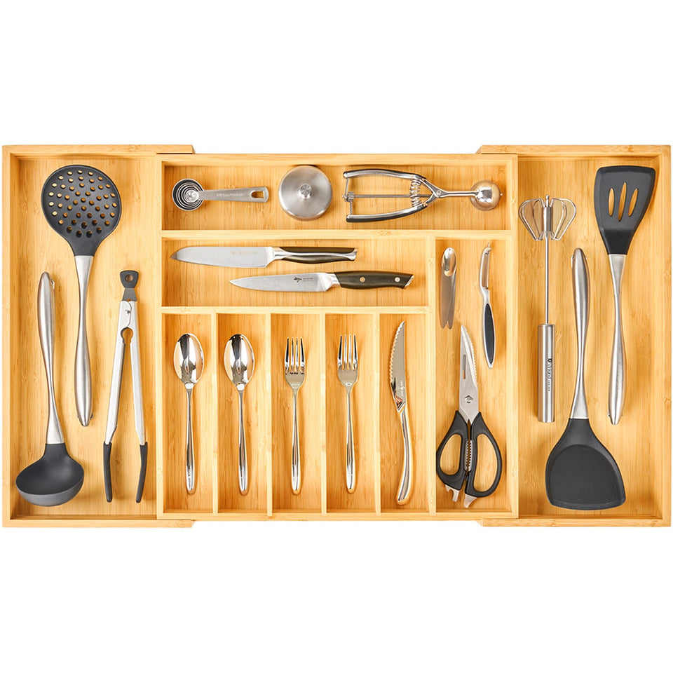 Umilife extra-large expandable drawer organizer in extended view keeps utensils neatly arranged.