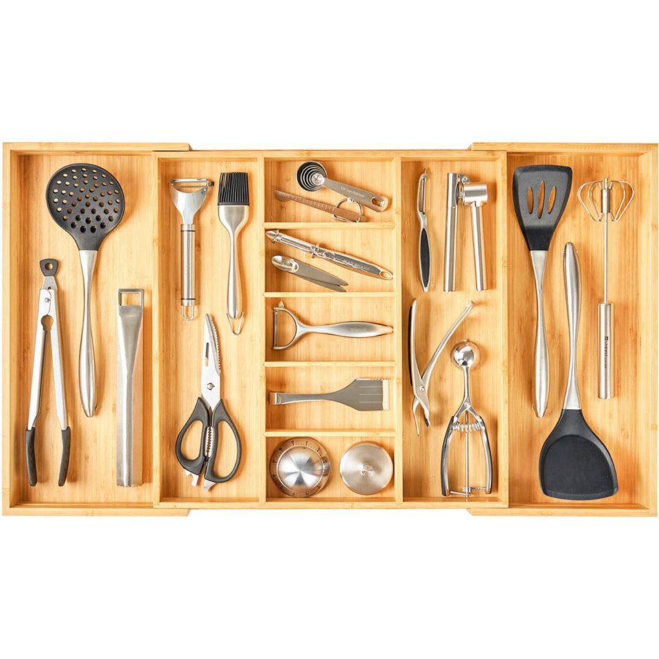 Umilife extra-large expandable bamboo drawer organizer for wide drawers.
