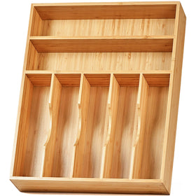 Umilife kitchen drawer organizer with seven slots for organized flatware storage.