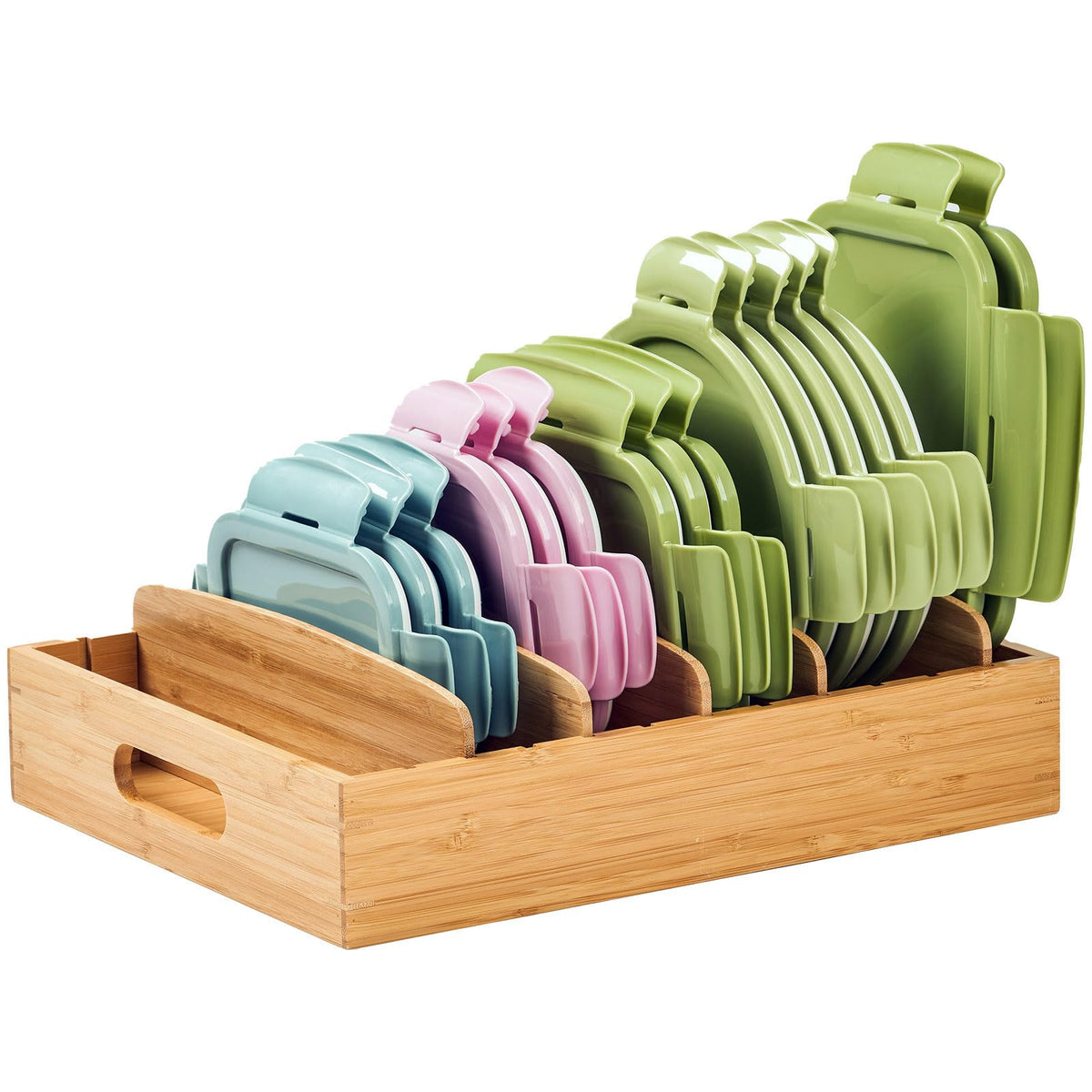 Umilife lid organizer with bottom design keeps lids upright and accessible.