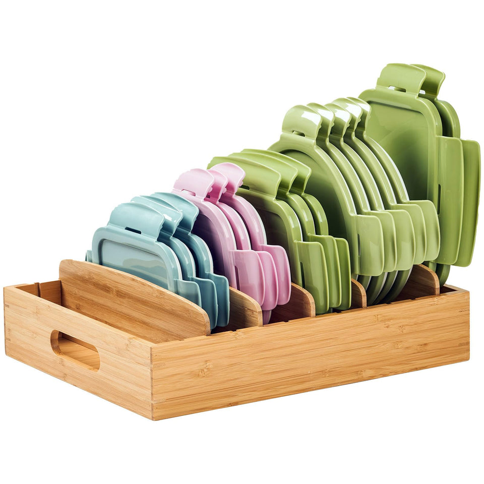 Umilife lid organizer with bottom design keeps lids upright and accessible.