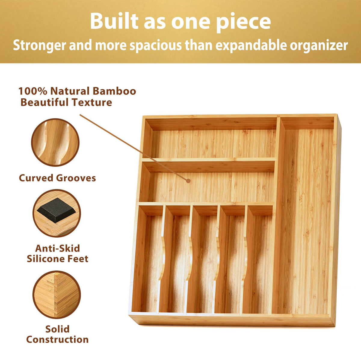 Umilife large drawer organizer with sturdy one-piece construction reduces wobble.