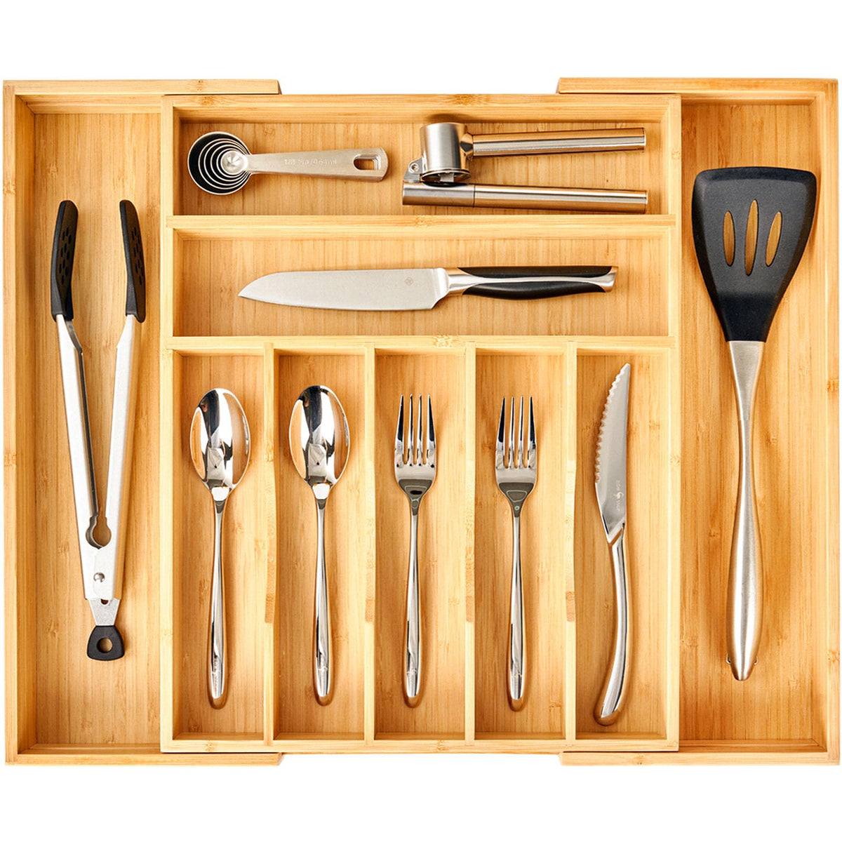 Umilife large expandable kitchen silverware organizer keeps utensils neatly sorted for easy access.