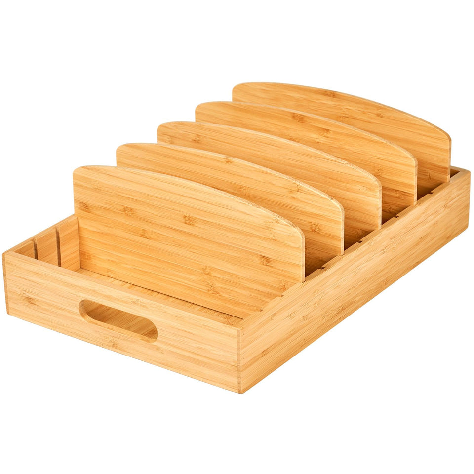 Umilife lid organizer in cabinet with tall dividers keeps big lids neatly stored.