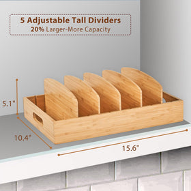 Umilife bamboo lid organizer shows 5 adjustable dividers for flexible storage.