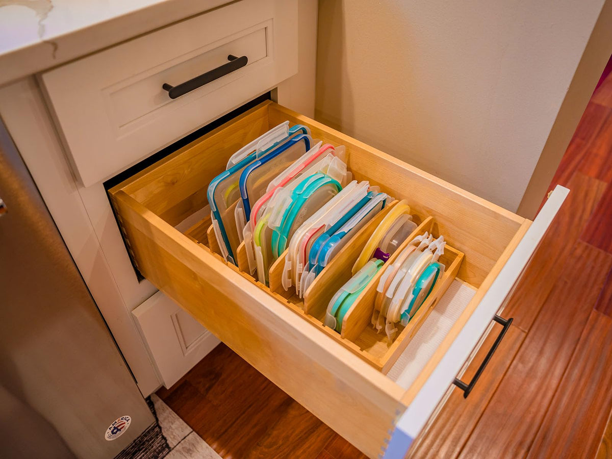 Umilife lid organizer image showing ample space for tall lids in cabinet or drawer.
