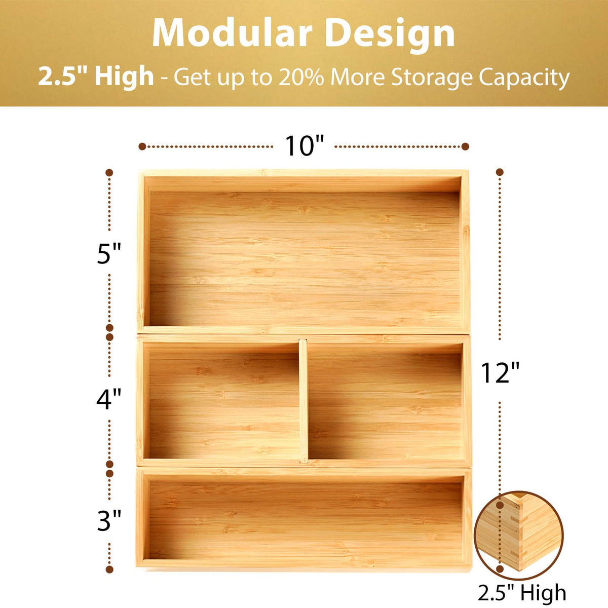 Umilife modular three-bin drawer dividers adapt to different drawer sizes.