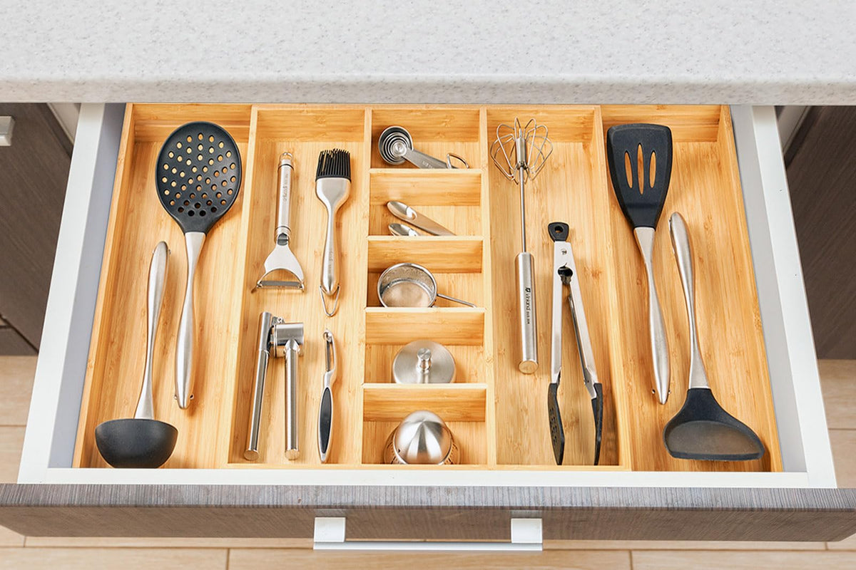 Umilife multi-use drawer setup demonstrates expanded capacity in a deep drawer