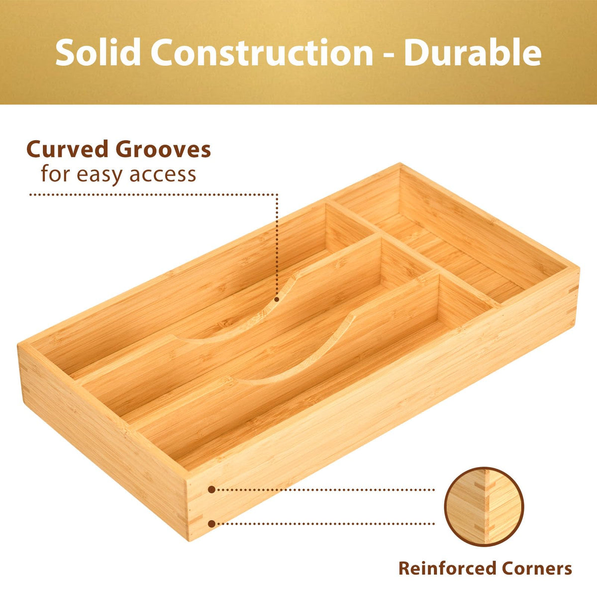 Umilife wood caddy holds flatware and knives for organized kitchen drawers.