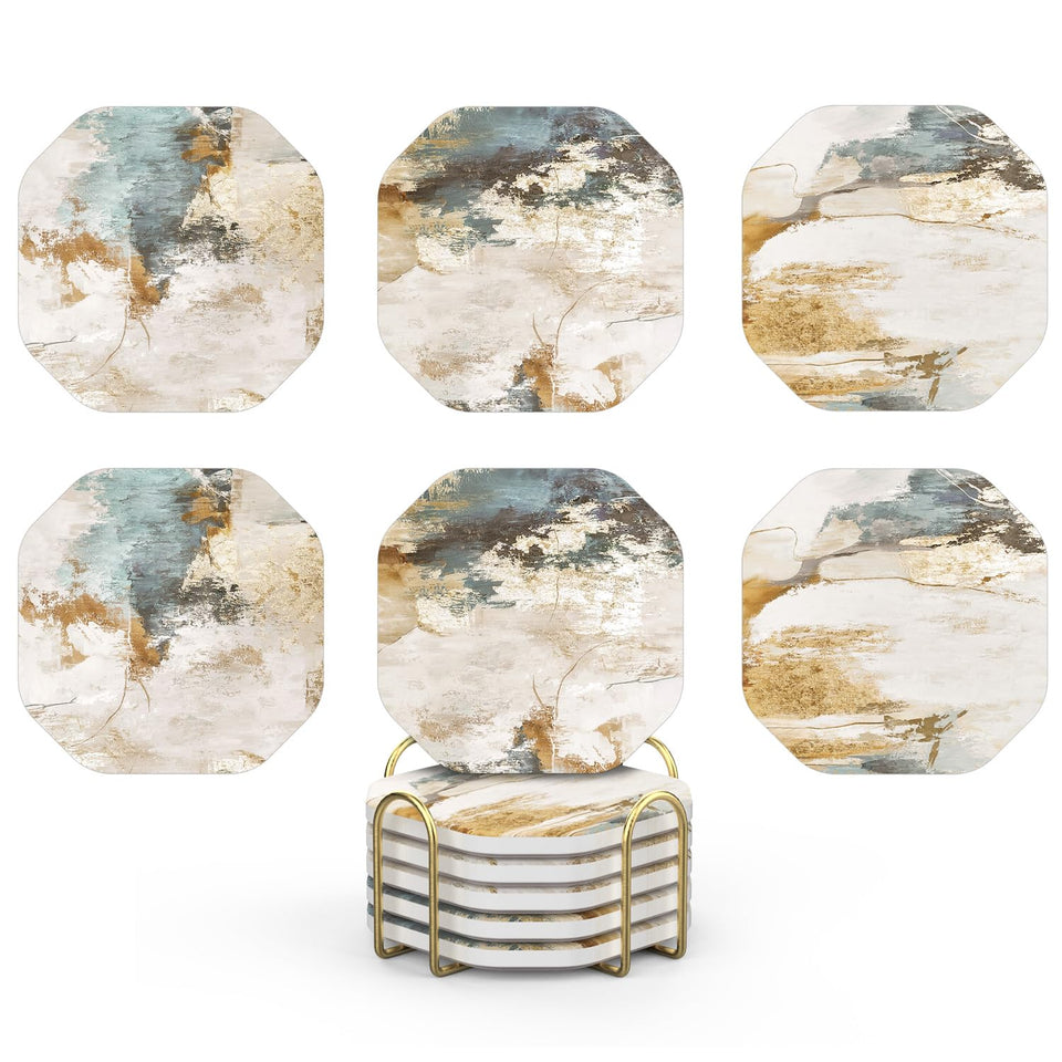Umirro ceramic stone coasters demonstrate absorbent 4-inch design protecting wooden table.