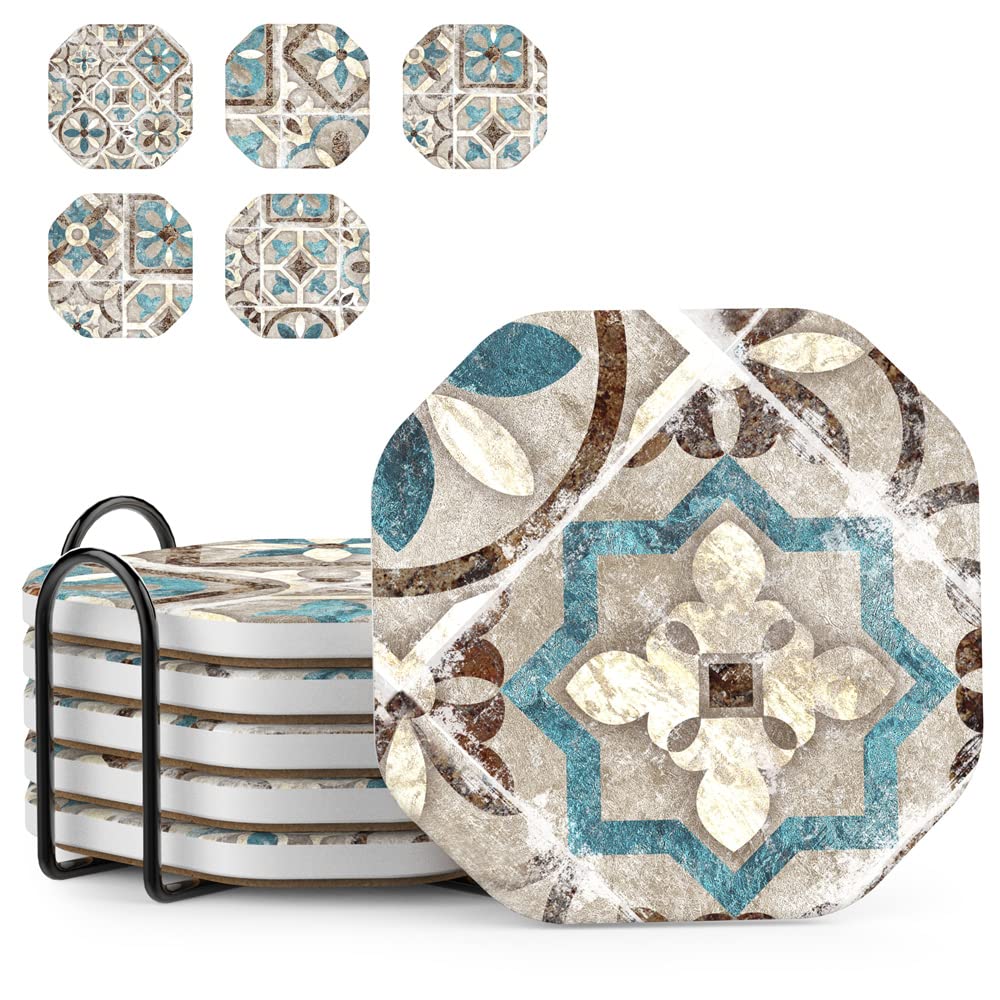 Umirro 6-piece coaster set on iron holder protects furniture with rustic style.