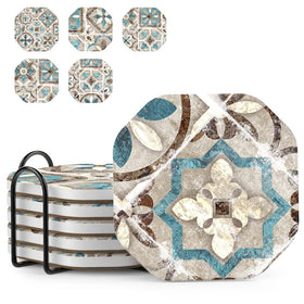 Umirro 6-piece coaster set on iron holder protects furniture with rustic style.