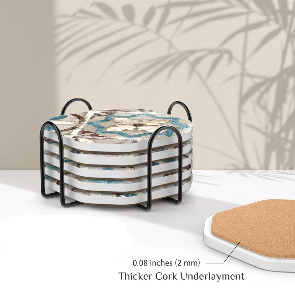 Umirro coasters displayed in living room with vintage tile motif.