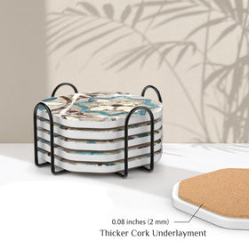 Umirro coasters displayed in living room with vintage tile motif.