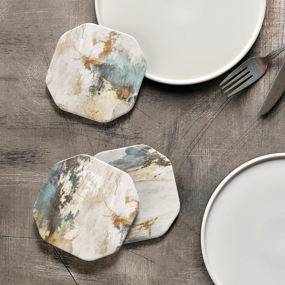 Stoneware coasters show slip-resistant cork backing prevents sliding.