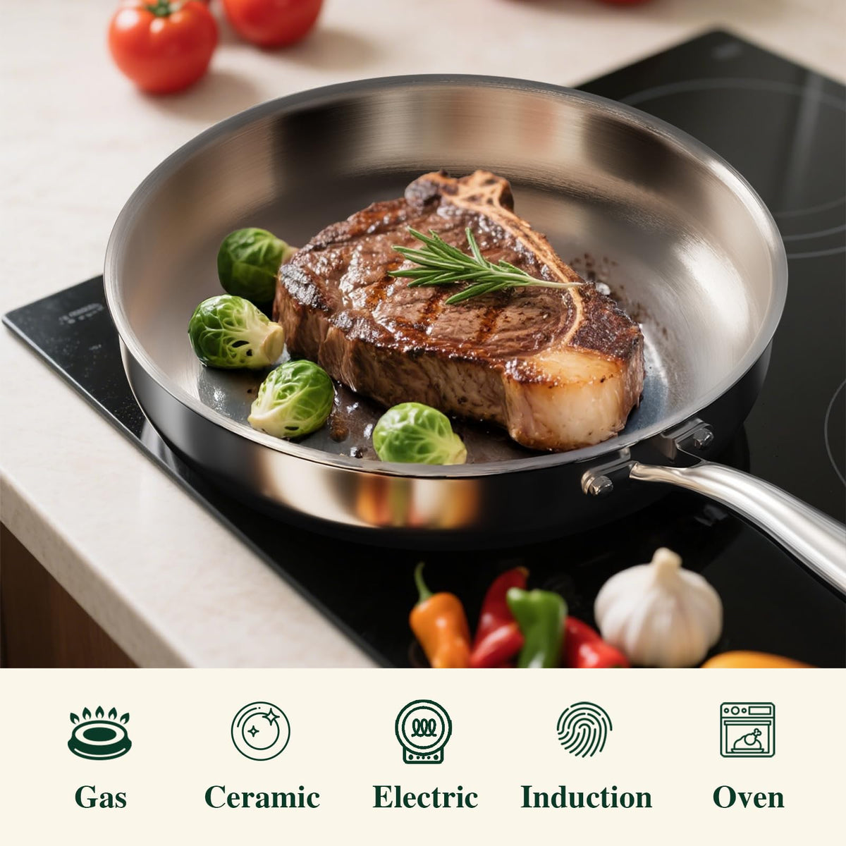 Umite Chef oven-safe up to 600F supports searing and finishing under the broiler.