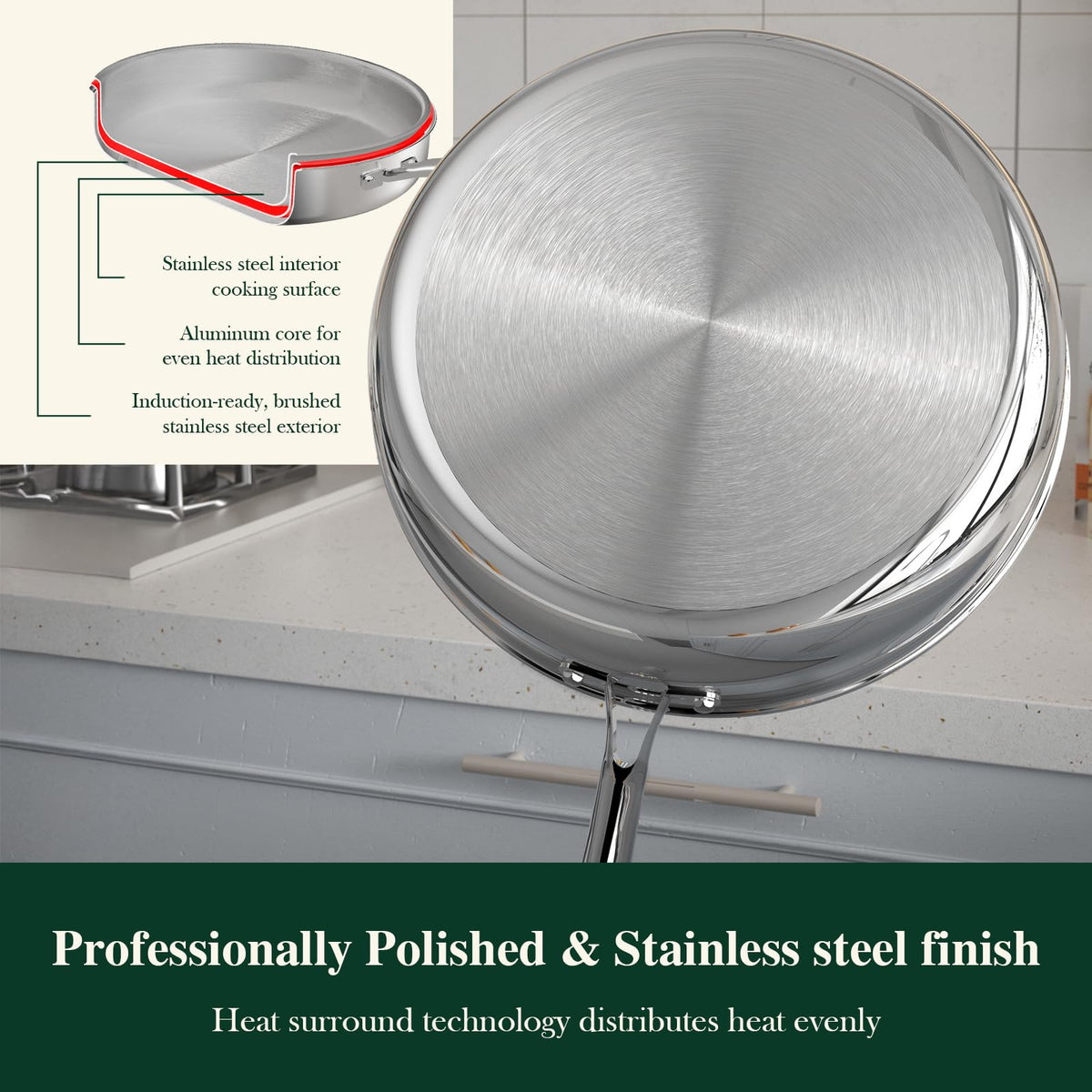 Umite Chef tri-ply design delivers even heat across the cooking surface.