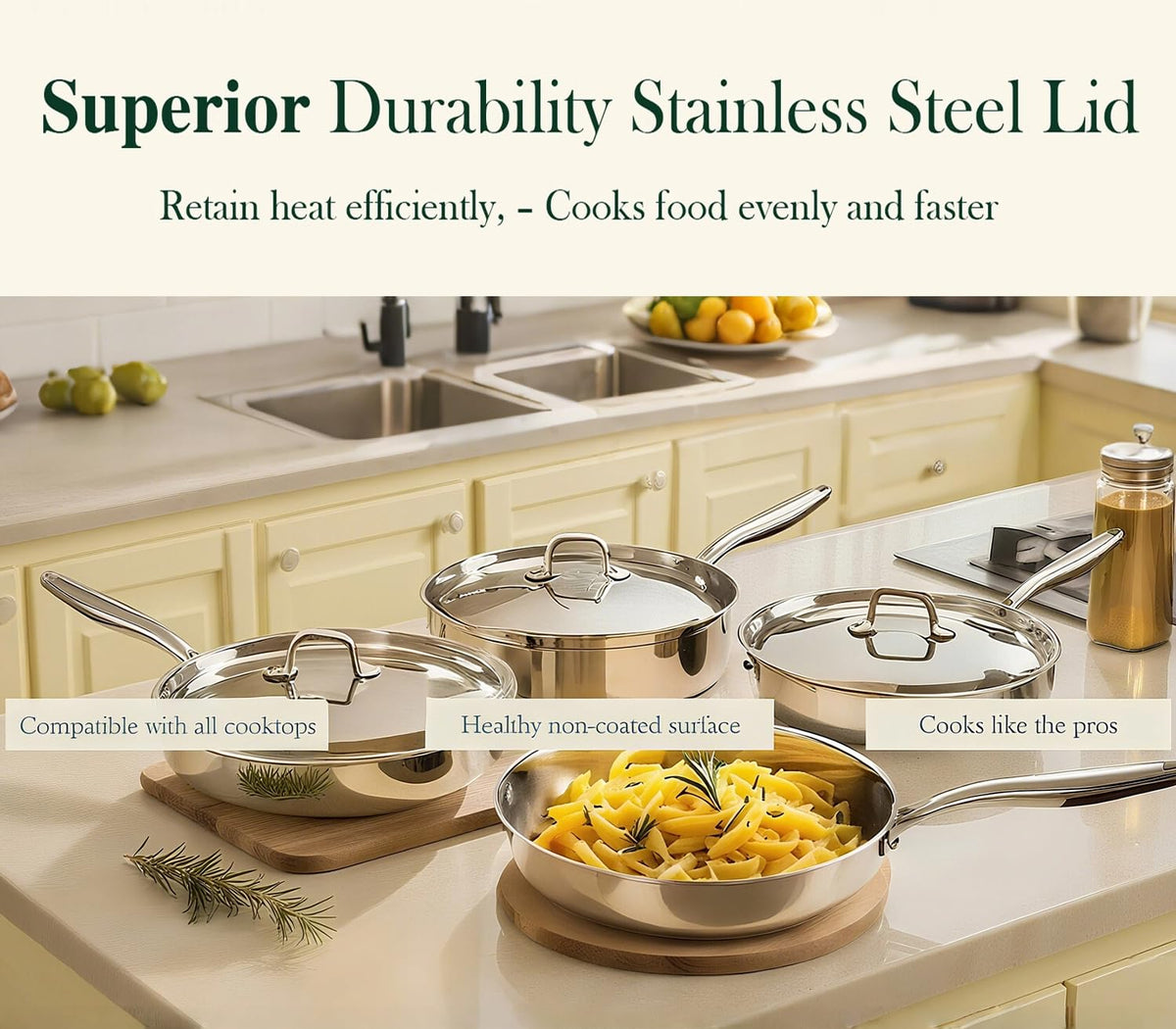 Umite Chef interior in sand-blasted stainless steel reduces sticking during preheated cooking.