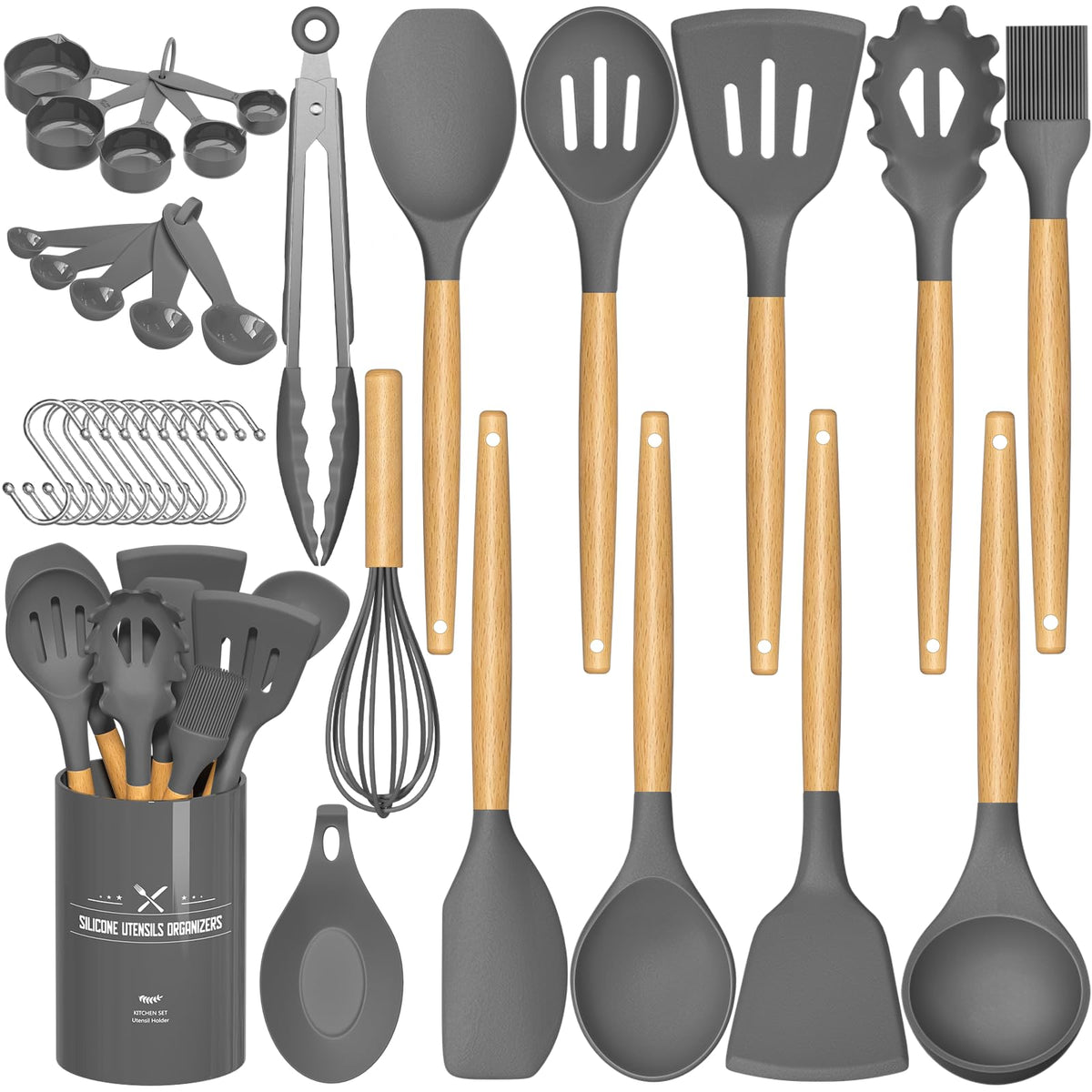 Umite Chef 33-piece utensil set with gray holder for organized cooking