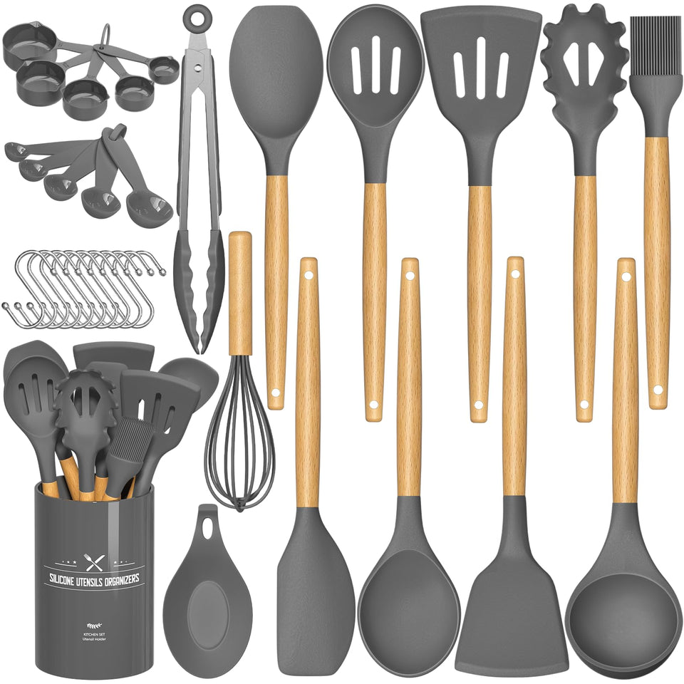 Umite Chef 33-piece utensil set with gray holder for organized cooking