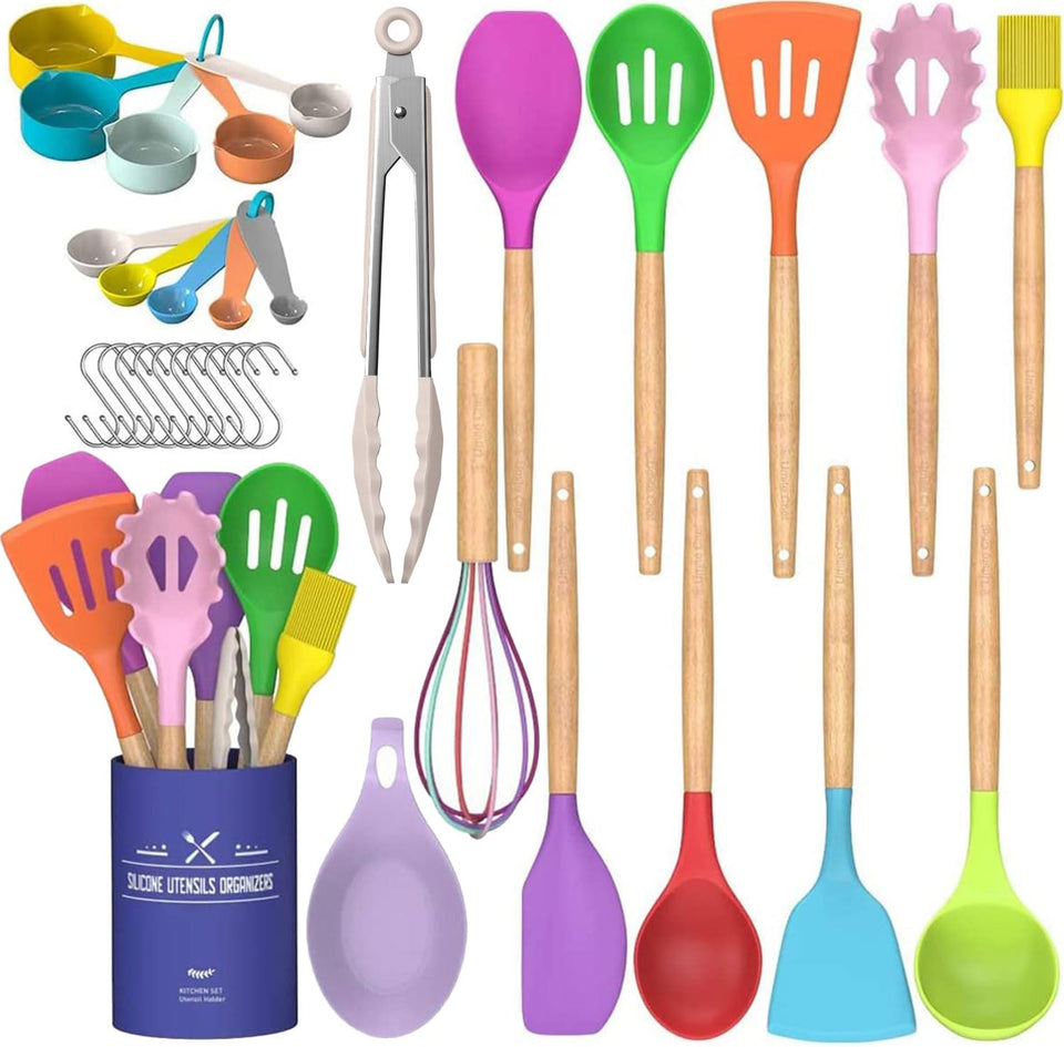 Umite Chef 33-piece utensil set with wooden handles organized for easy access and care