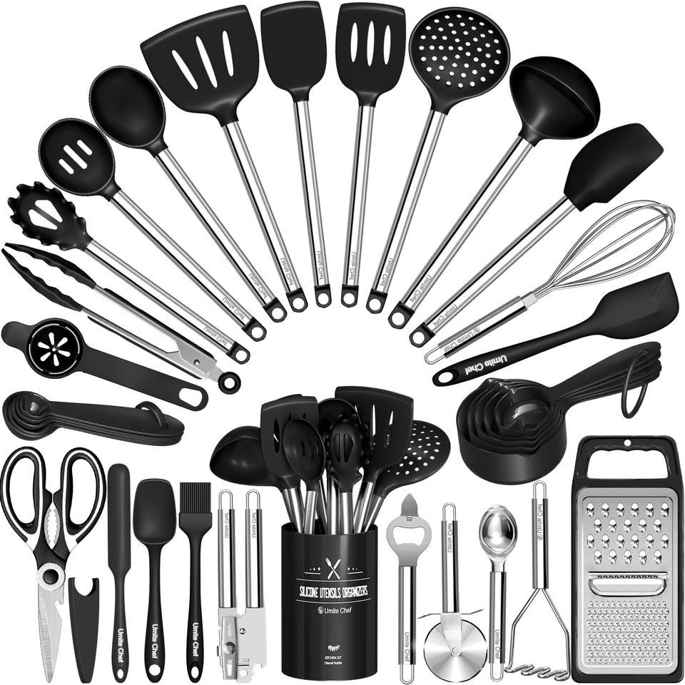 Umite Chef 34pc silicone utensils with soft head for gentle nonstick pan flipping