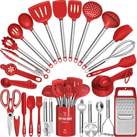 Umite Chef 34-piece red silicone utensils set protecting nonstick cookware during cooking