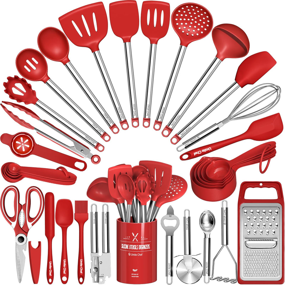 Umite Chef 34-piece red silicone utensils set protecting nonstick cookware during cooking