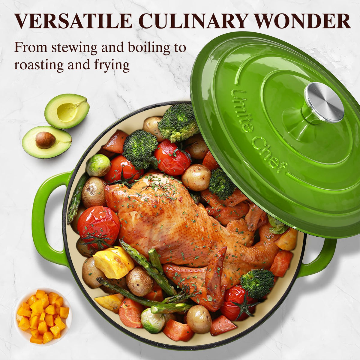 Umite Chef Dutch oven is oven-safe to 500°F for braising and bread