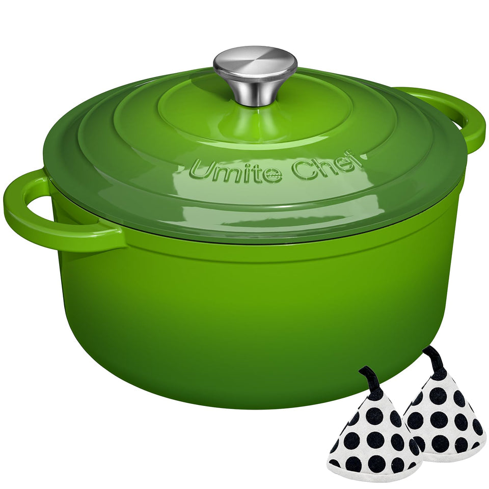 Umite Chef 5QT Dutch oven on the stove delivers even heat for searing and braising
