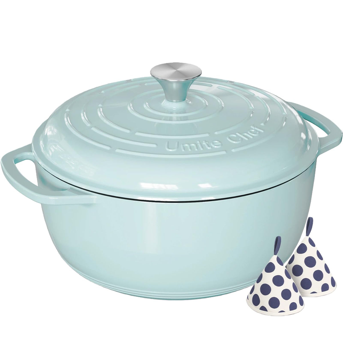 Umite Chef 6QT Dutch Oven with blue lid showing tight-seal for moisture retention and flavor.