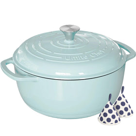 Umite Chef 6QT Dutch Oven with blue lid showing tight-seal for moisture retention and flavor.
