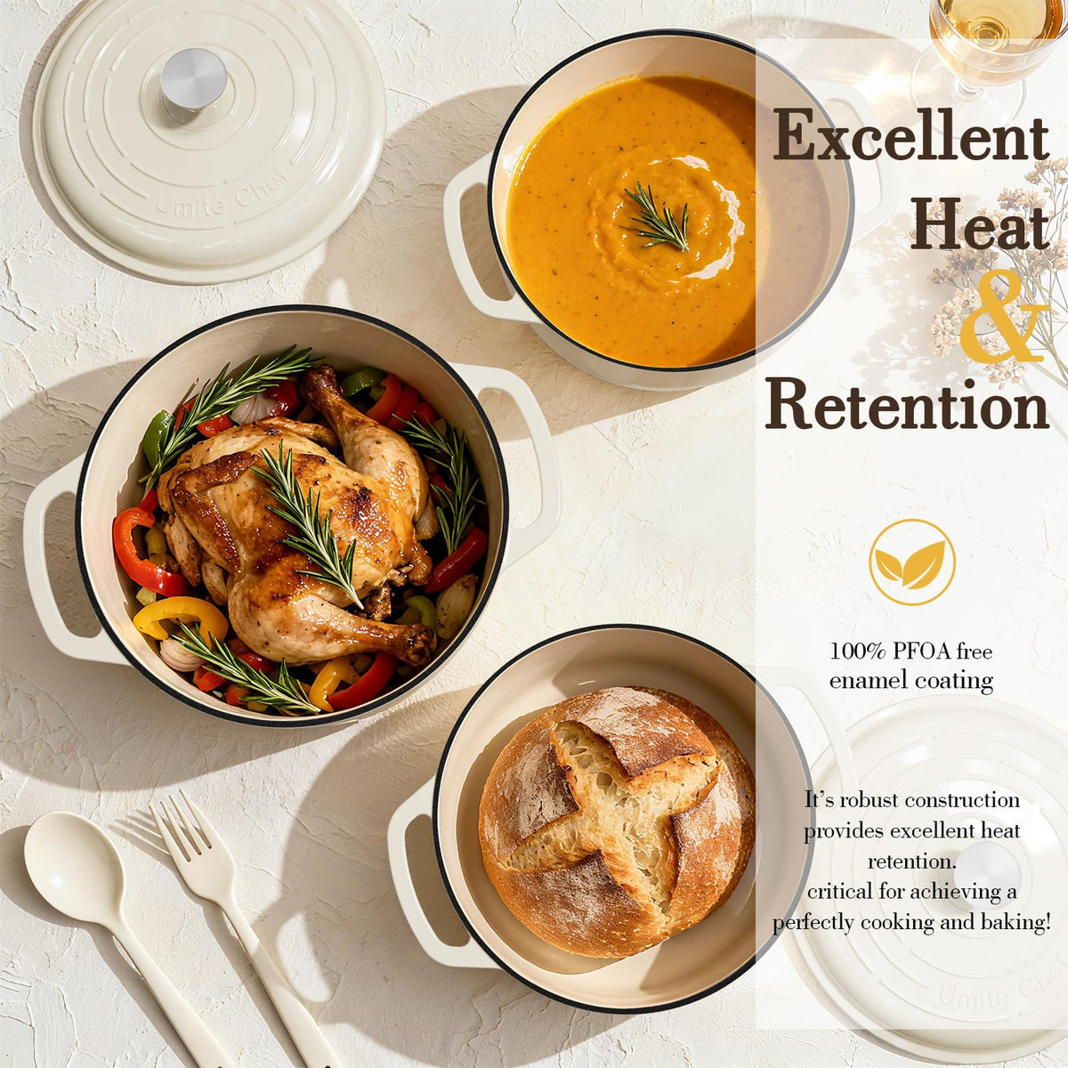 Umite Chef 6QT Dutch oven provides even heating for consistent searing