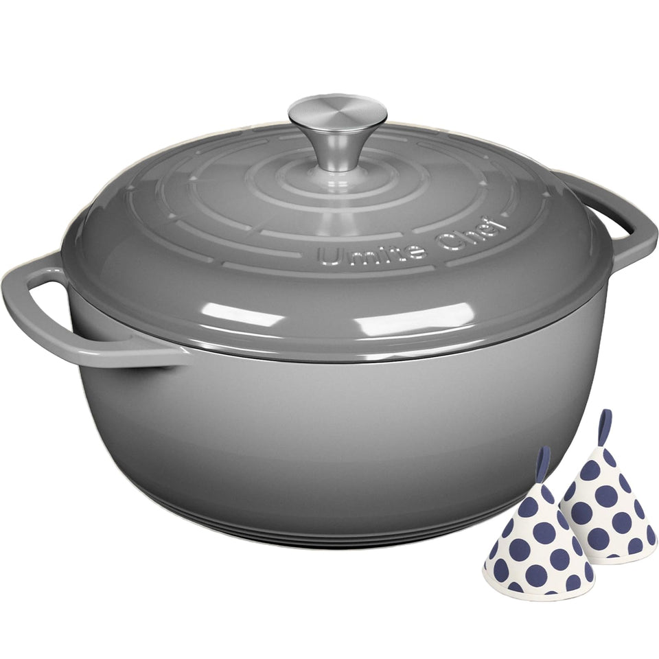 Umite Chef 6QT enamelled Dutch Oven with lid preserves moisture for juicy braises.