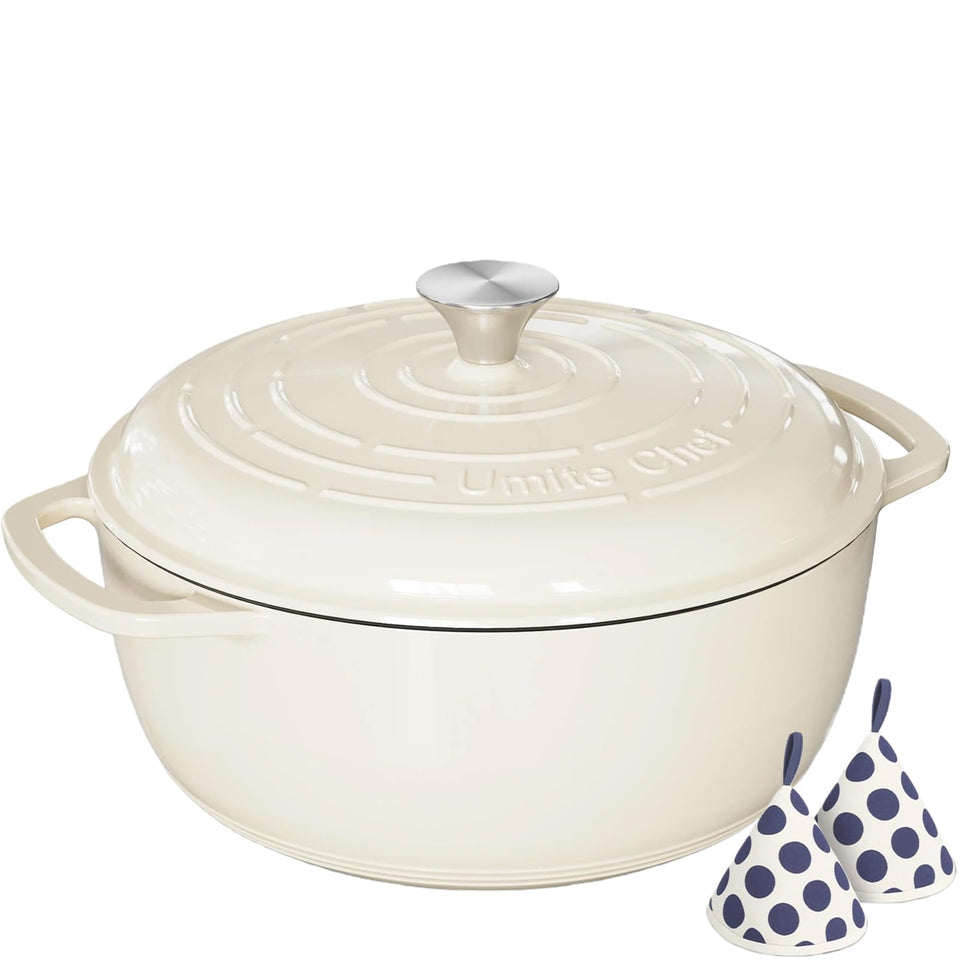 Umite Chef 6QT enamelled Dutch oven lid seals moisture for flavorful braises