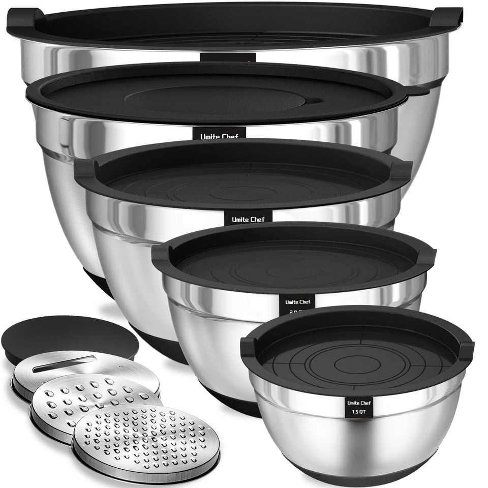 Umite Chef 8-piece mixing bowls with lids viewed together for organized prep.