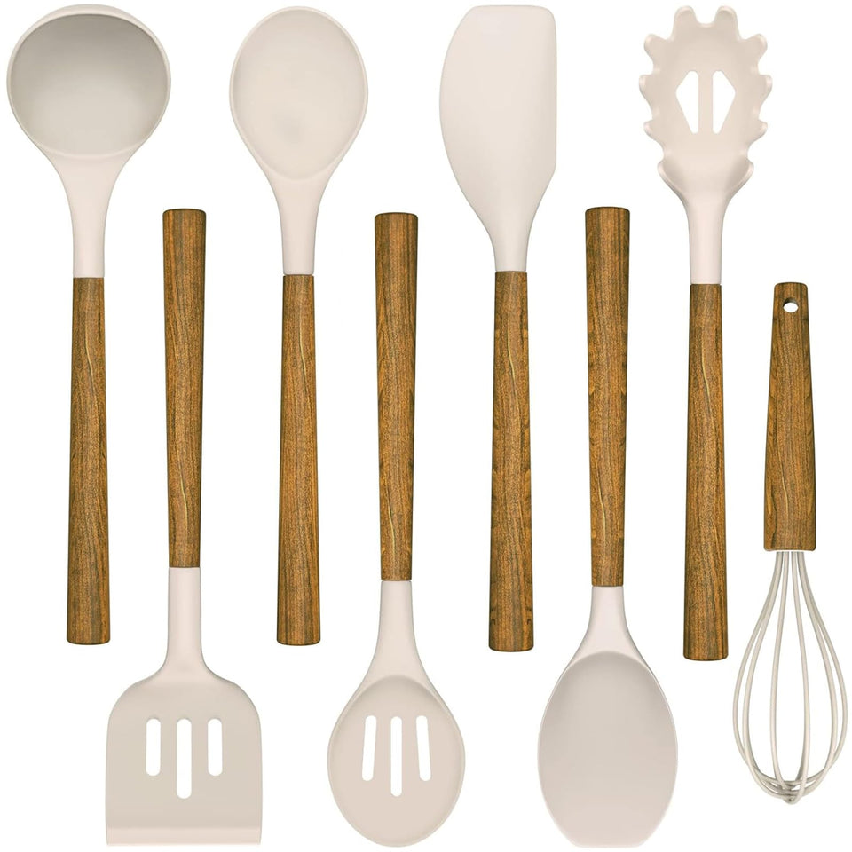 Umite Chef 8-piece silicone utensils with wooden handles for gentle nonstick cooking.