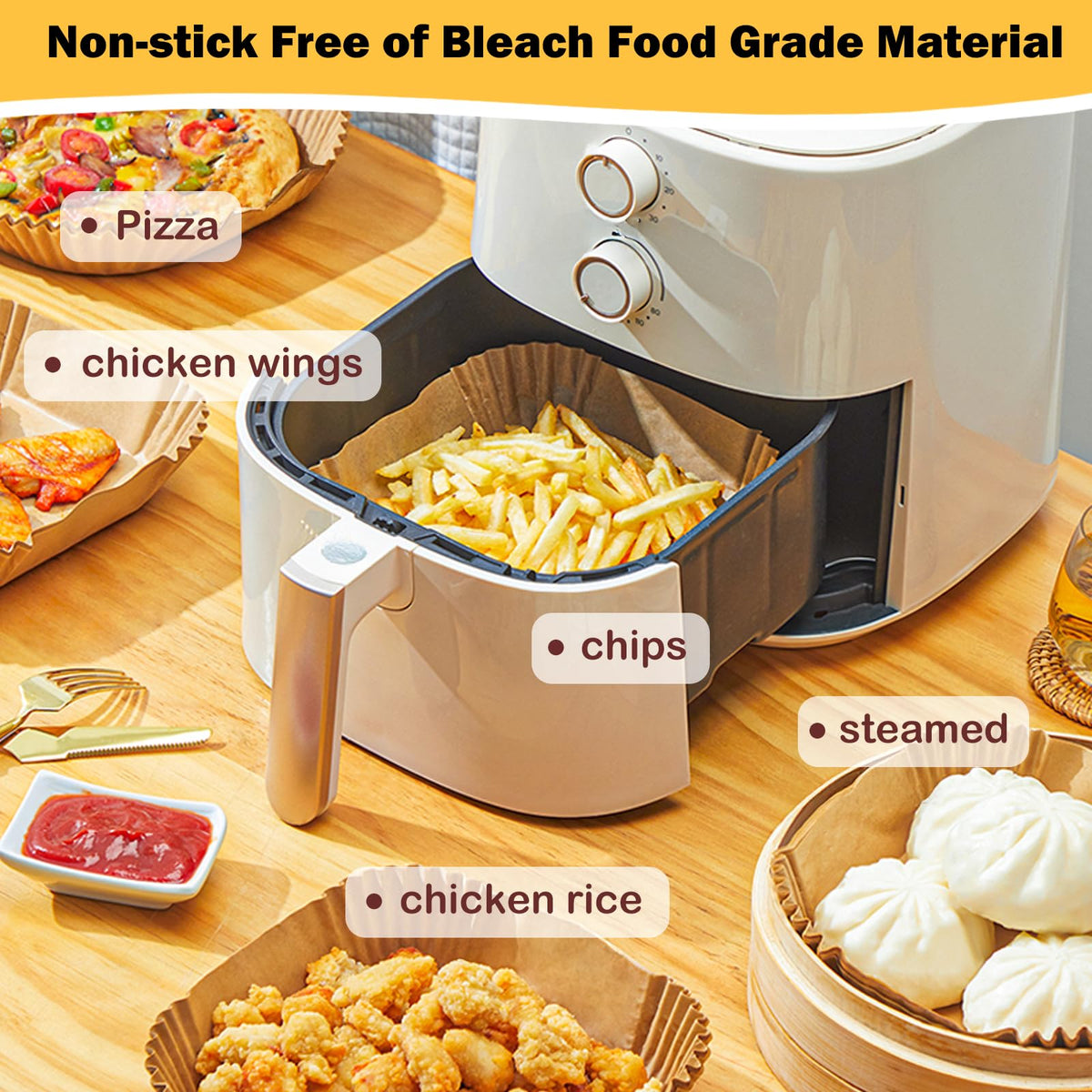 Umite Chef 8-inch square liners fully cover baskets for mess-free cooking