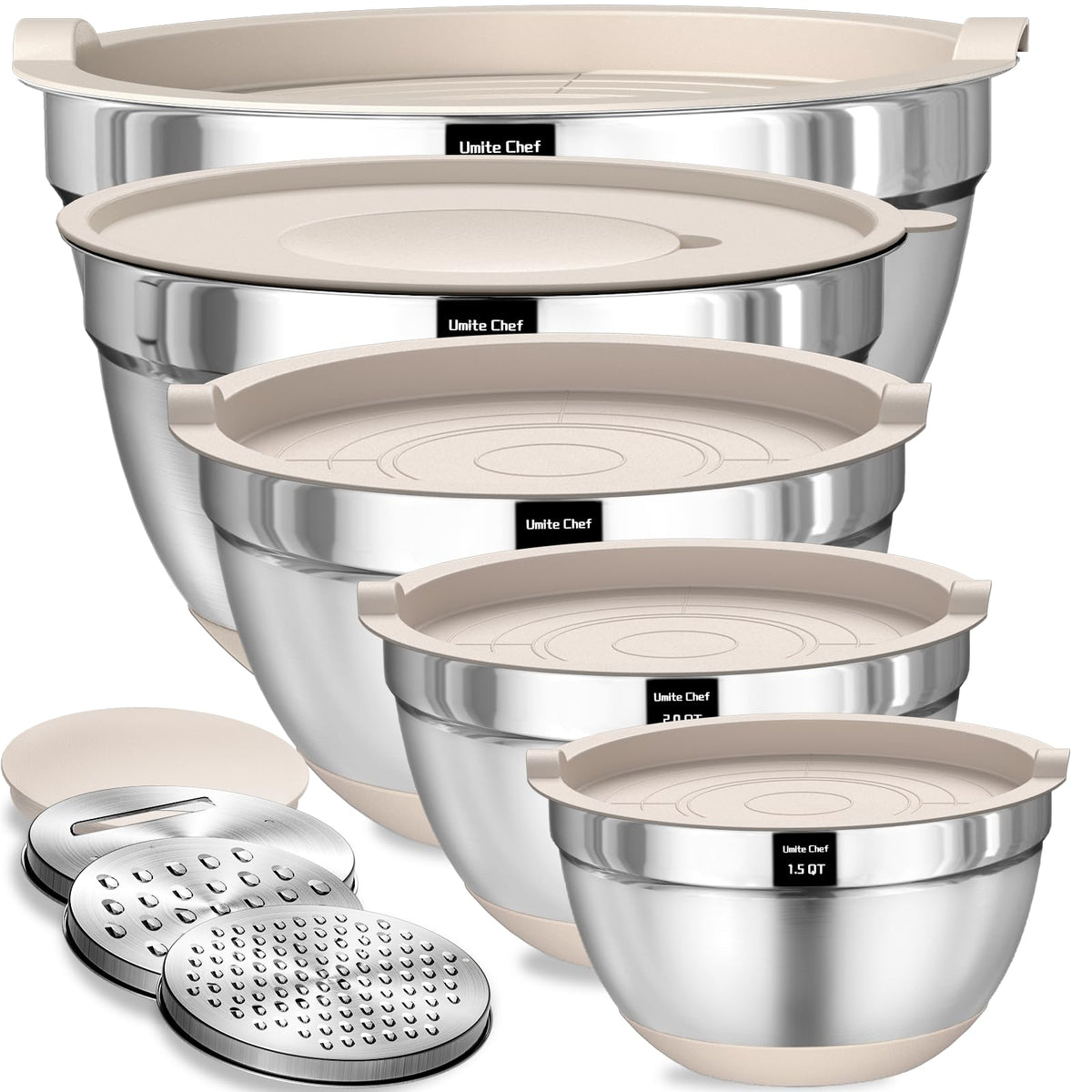 Umite Chef 8pc mixing bowls with airtight lids for organized prep and storage.