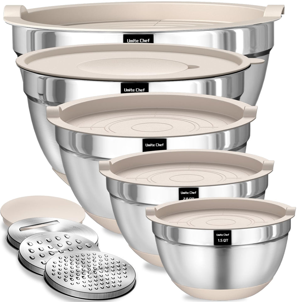 Umite Chef 8pc mixing bowls with airtight lids for organized prep and storage.
