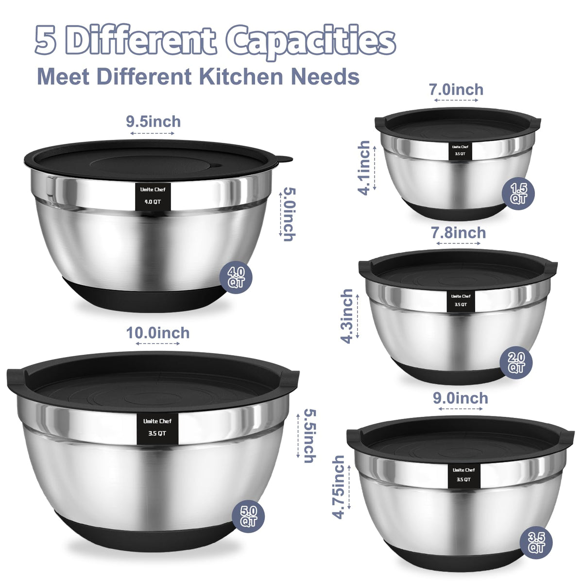 Umite Chef airtight lids on bowls for fresh storage and spill prevention.
